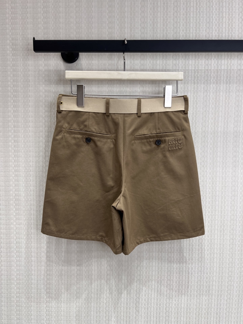 Miu Miu High-Waisted Pleated Tailored Shorts in Khaki with Signature Belt