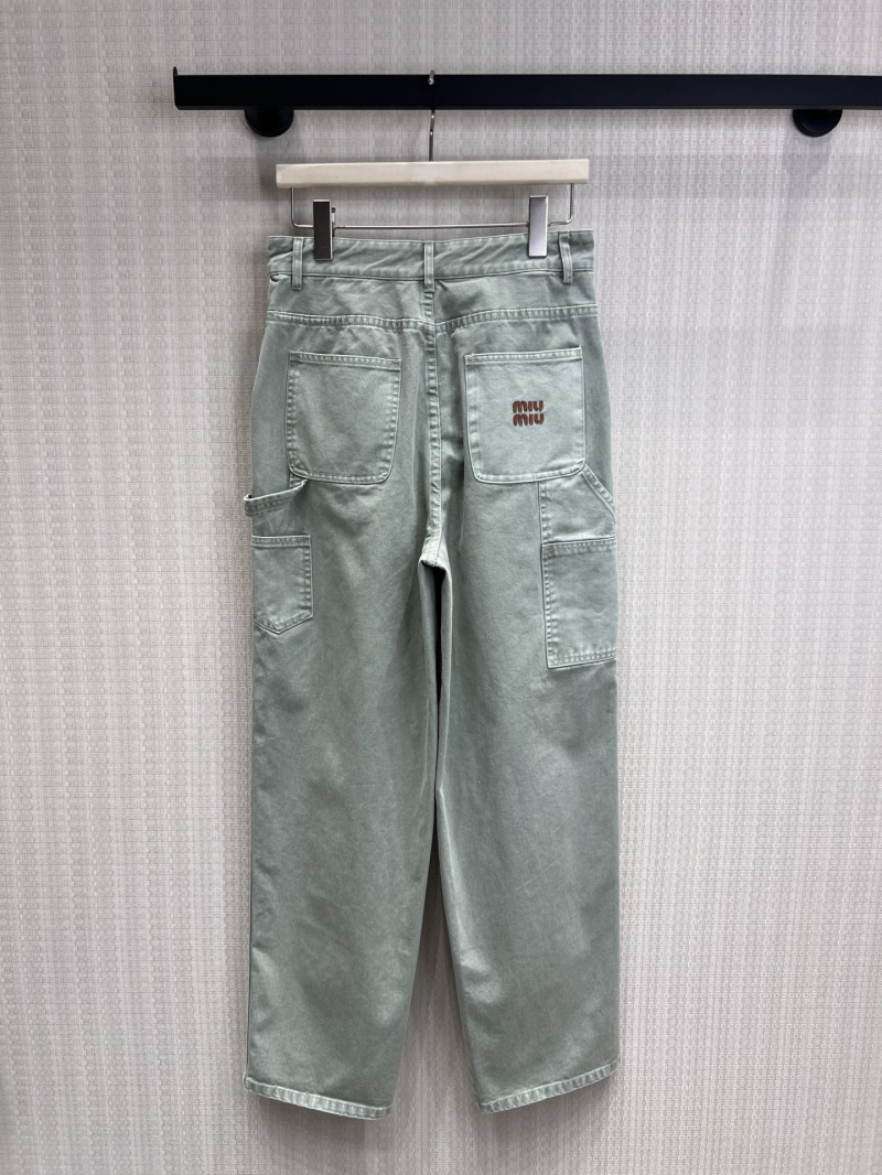 Miu Miu Washed Sage Green High-Waisted Utility Wide-Leg Trousers