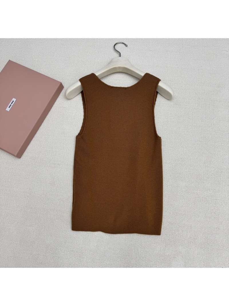 Miu Miu Ruffled Pointelle Virgin Wool Knit Tank Top in Tobacco Brown