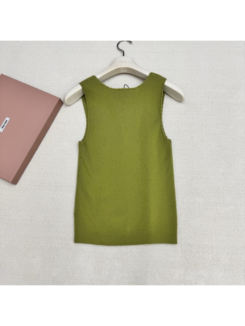 Miu Miu Ruffled Pointelle Virgin Wool Knit Tank Top - Olive Green