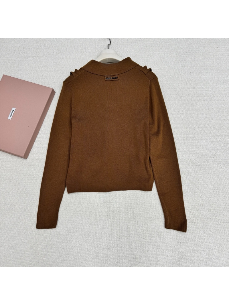 Miu Miu 26SS Ruffled Pointelle Virgin Wool Cardigan in Tobacco Brown and Olive