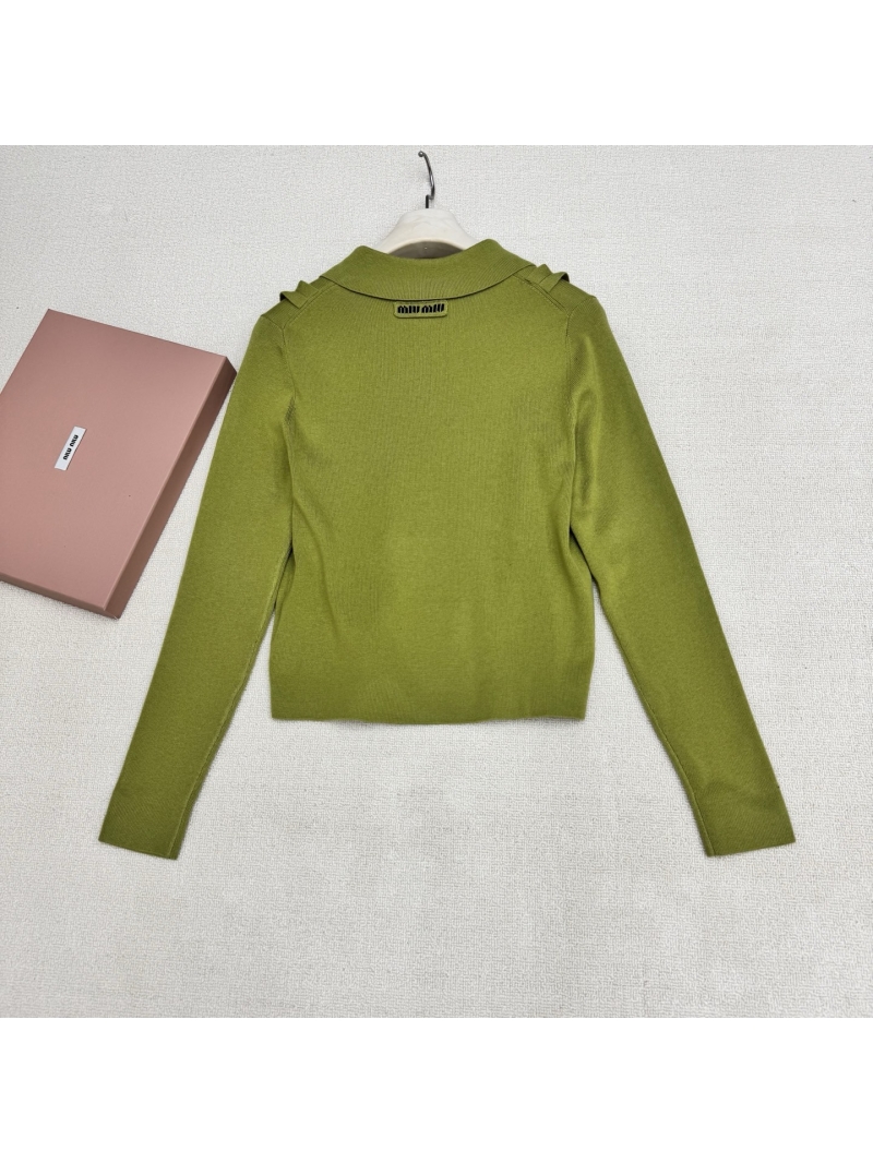 Miu Miu Olive Green & Deep Brown Virgin Wool Pointelle Ruffle Knit Cardigan