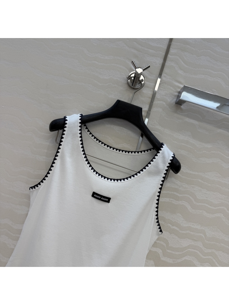 Miu Miu Lyocell Cotton Ribbed Scalloped Tank Top in White