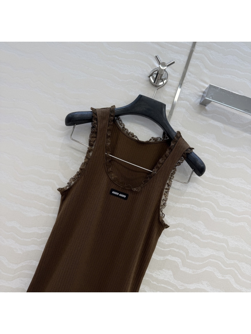 Miu Miu 100% Jacquard Pure Cotton Lace-Trimmed U-Neck Tank Top in Chocolate Brown