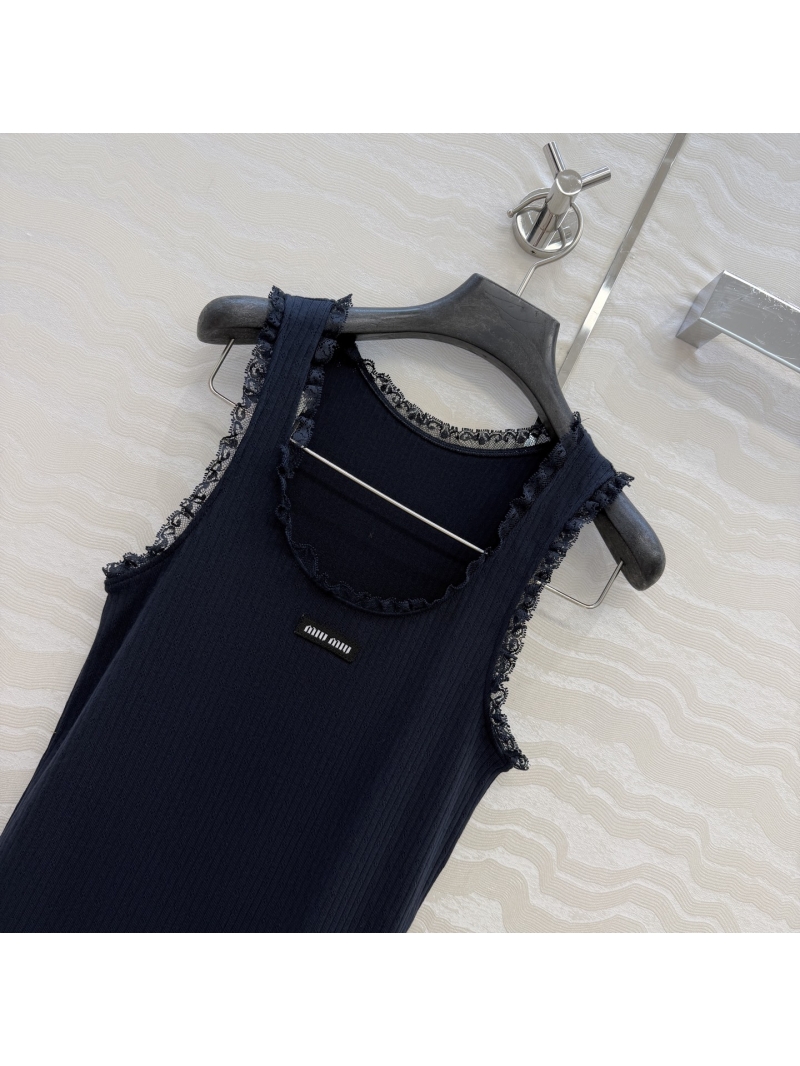 Miu Miu 100% Pure Cotton Jacquard Lace-Trimmed U-Neck Ribbed Tank Top