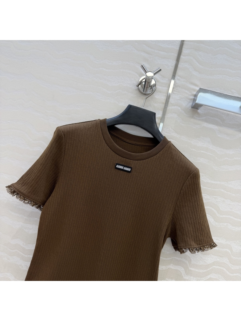 Miu Miu 100% Jacquard Cotton Lace Trim Preppy Short-Sleeved Top in Chocolate Brown