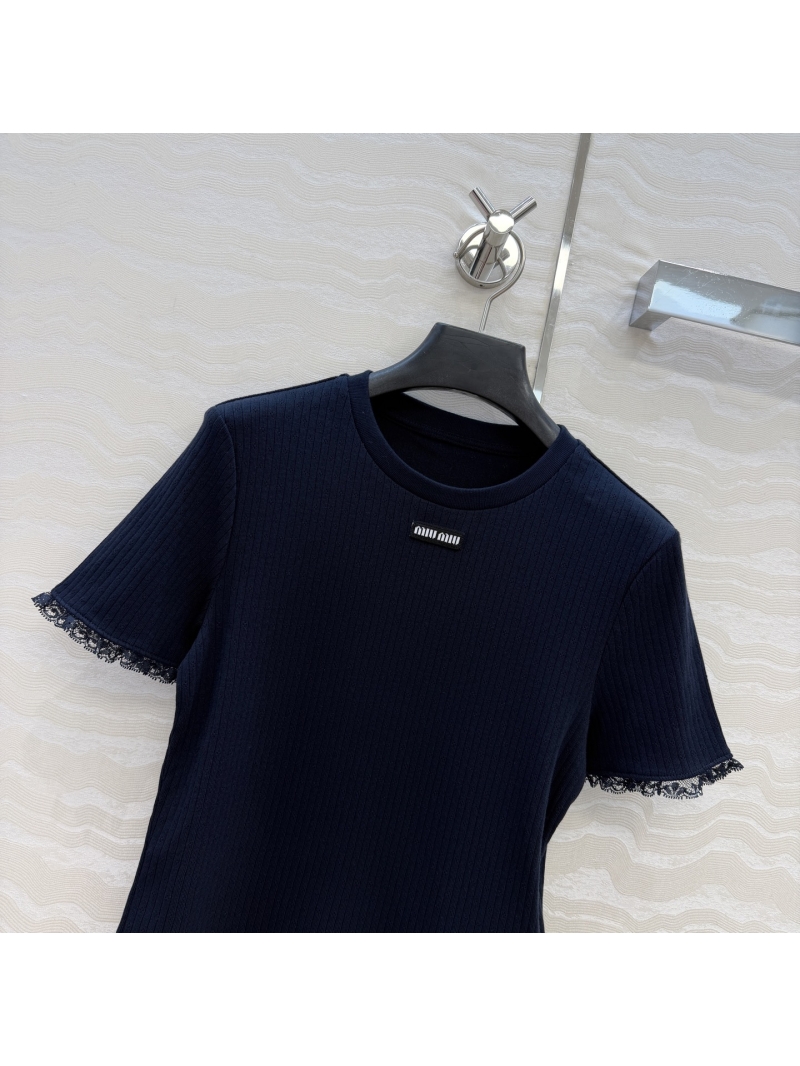 Miu Miu 100% Jacquard Pure Cotton Lace-Trimmed Short-Sleeved Top in Navy Blue