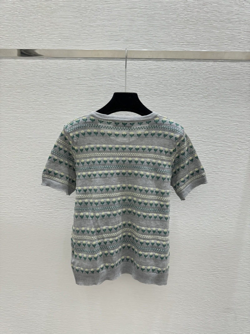 Miu Miu Floral Fair Isle Knit Short-Sleeved Cardigan in Heather Grey