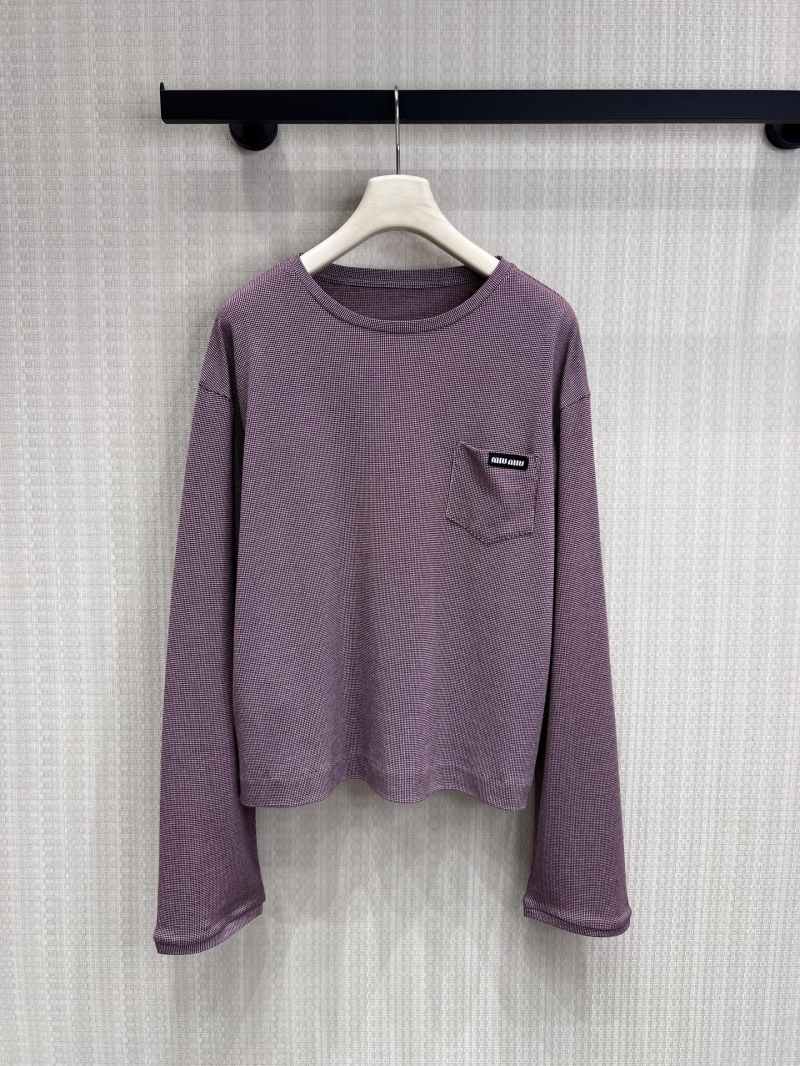 Miu Miu Dusty Pink Micro-Check Long-Sleeve T-Shirt - Relaxed Fit Luxury Top