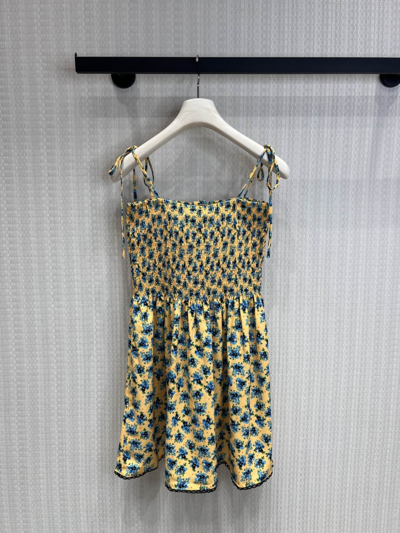 Miu Miu Sunflower Yellow Floral Smocked Mini Dress with Adjustable Tie Straps