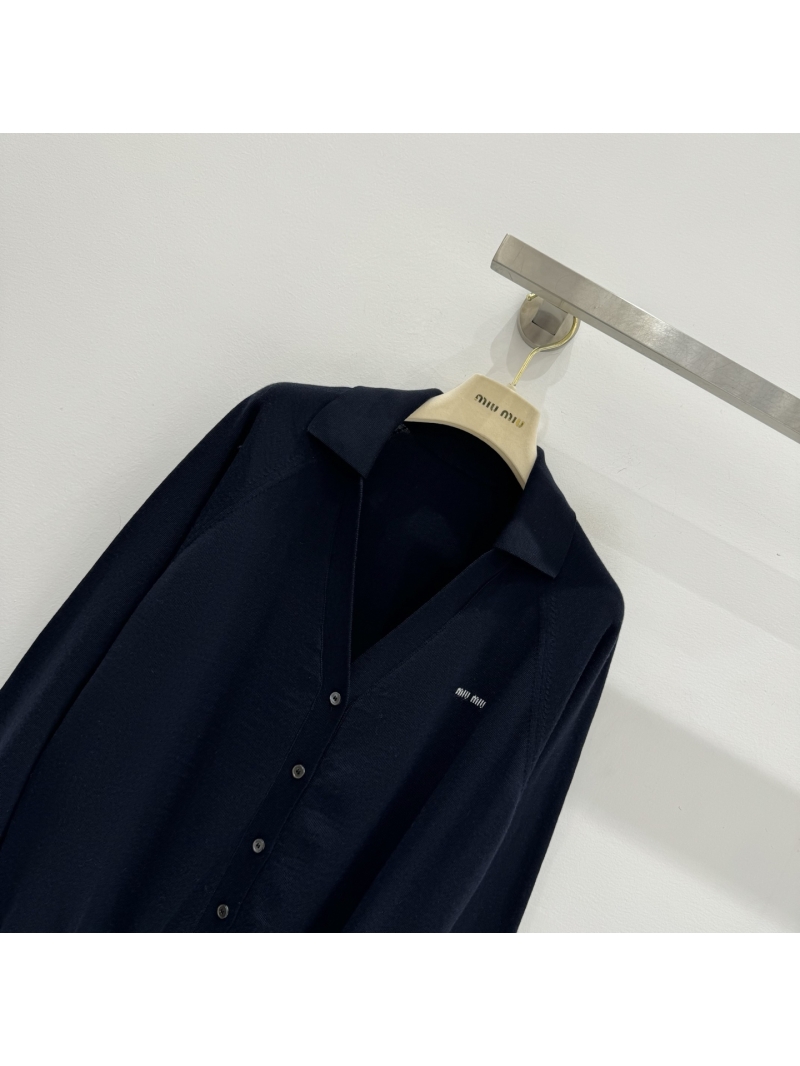 Miu Miu Navy Blue Spread Collar Fine-Gauge Knit Cardigan - Signature Embroidered Logo