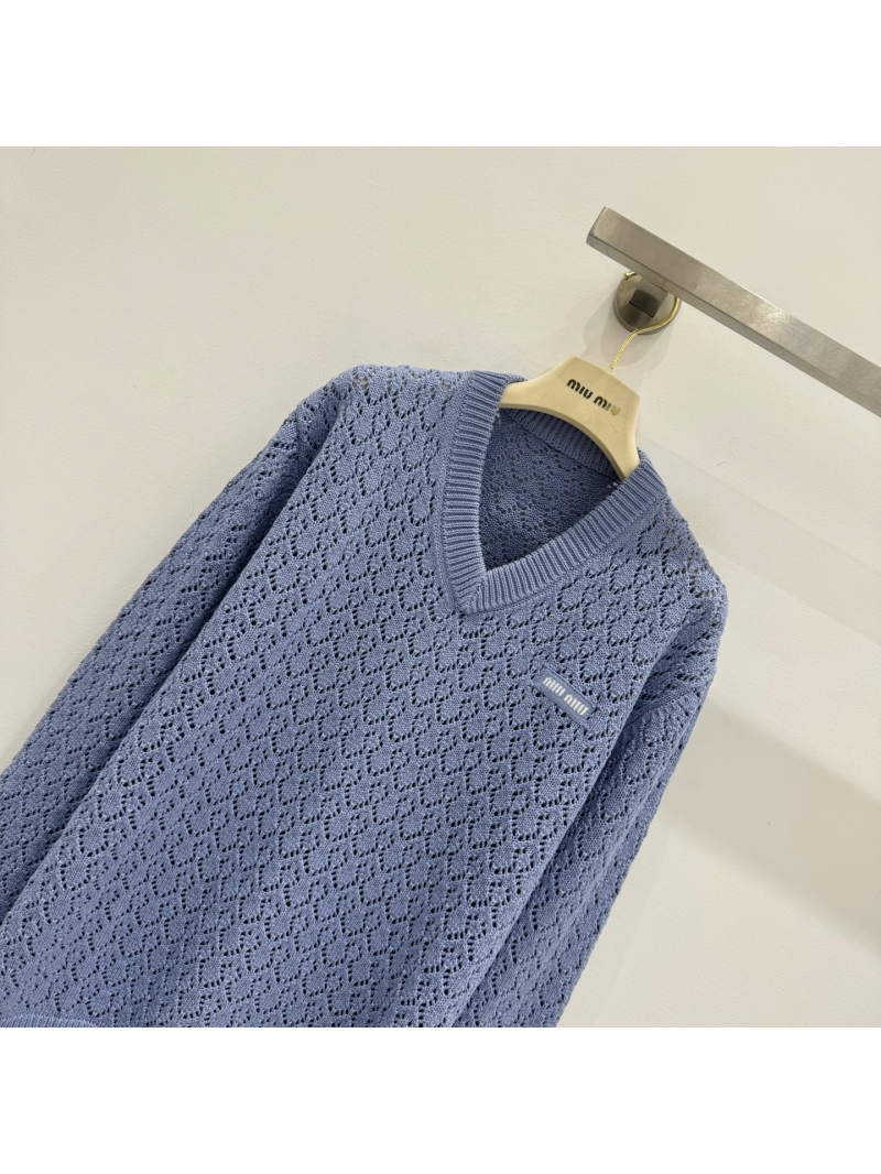 Miu Miu Periwinkle Pointelle Knit V-Neck Sweater - Open-Knit Long Sleeve Pullover