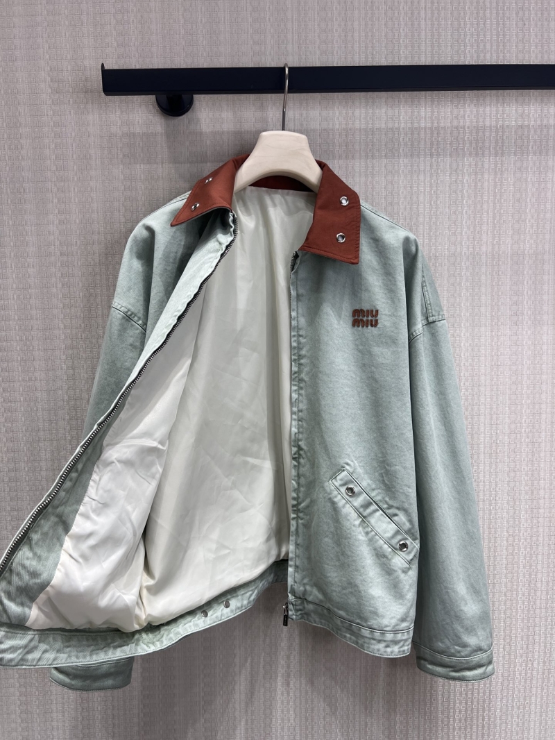Miu Miu Oversized Distressed Workwear Denim Jacket in Sage Green