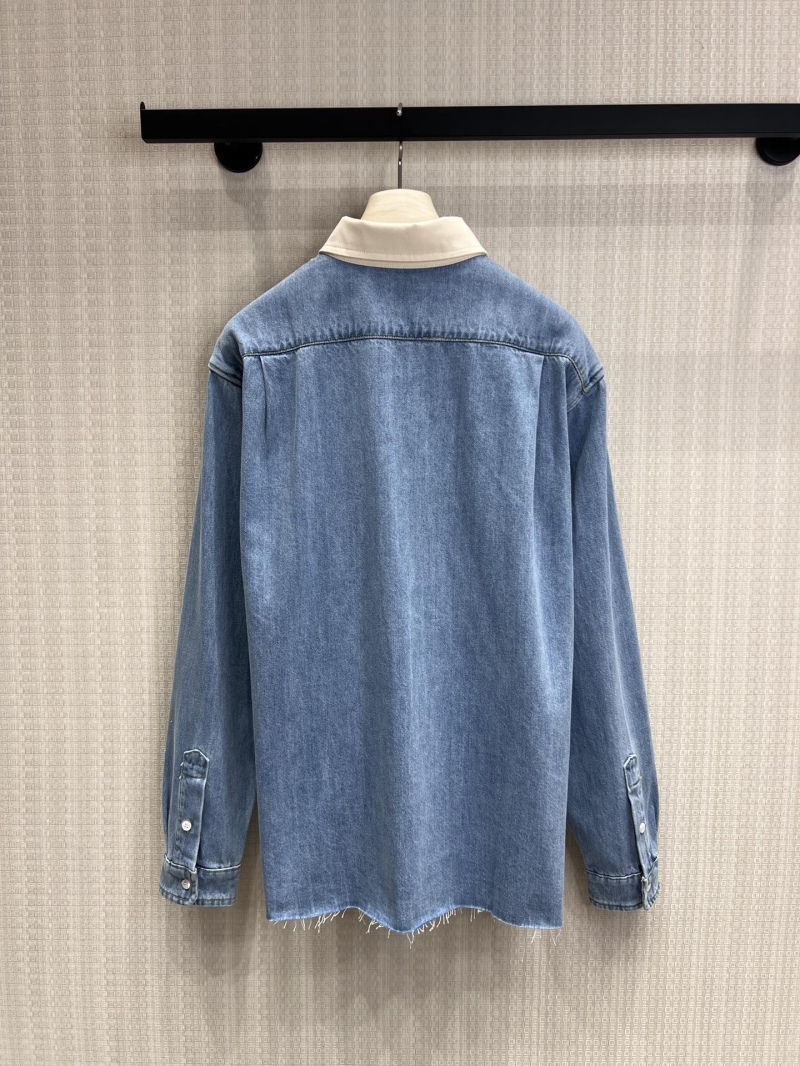 Miu Miu Relaxed Oversized Denim Shirt with Contrasting Collar and Raw Hem in Medium Blue