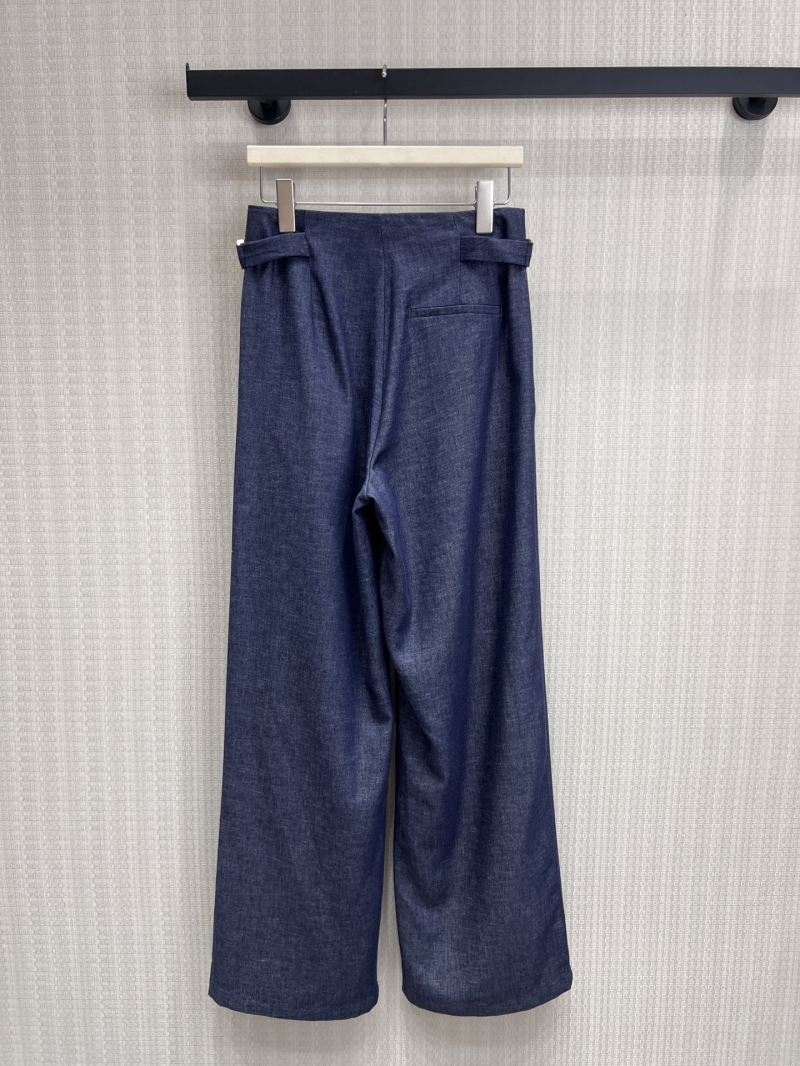 Miu Miu High-Waisted Wide-Leg Linen Blend Trousers with Gold-Toned Metal Buckles in Dark Indigo Blue