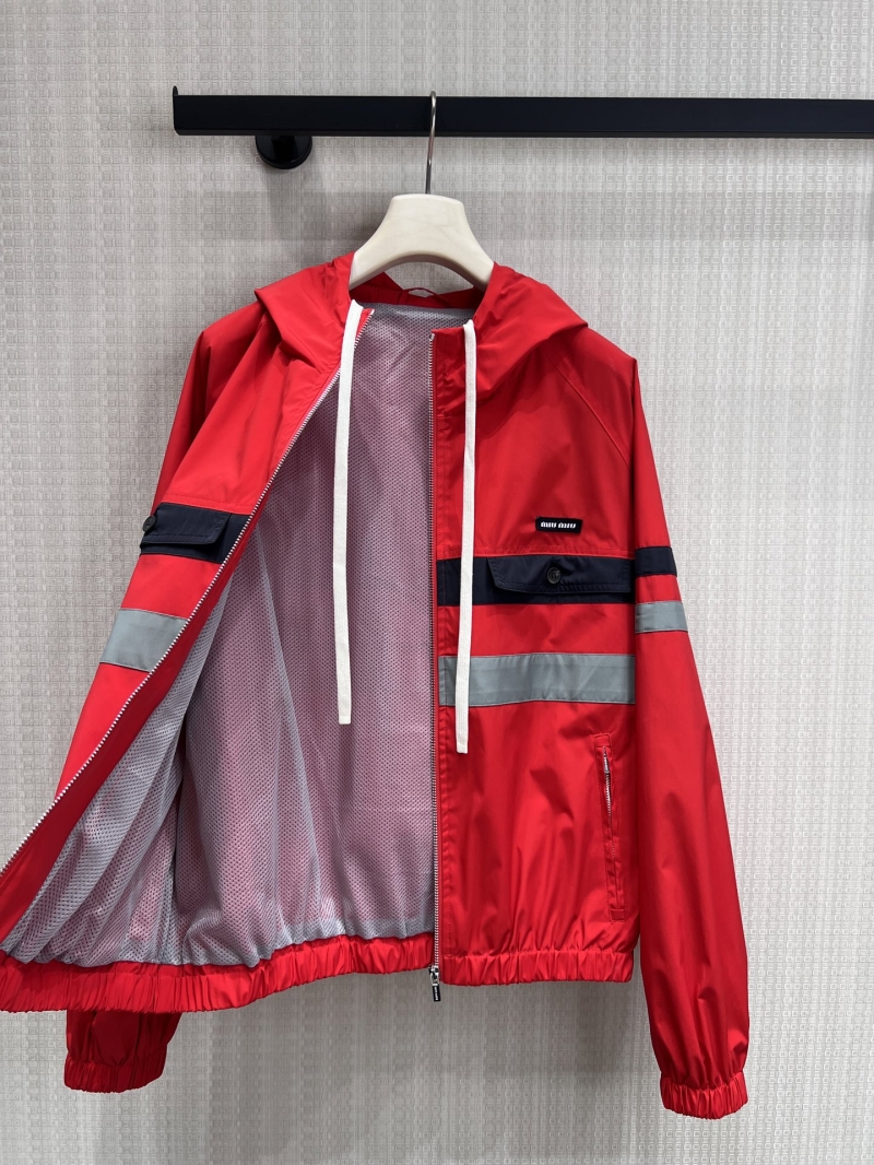 Miu Miu Vibrant Red Reflective Stripe Hooded Jacket - Signature Technical Windbreaker