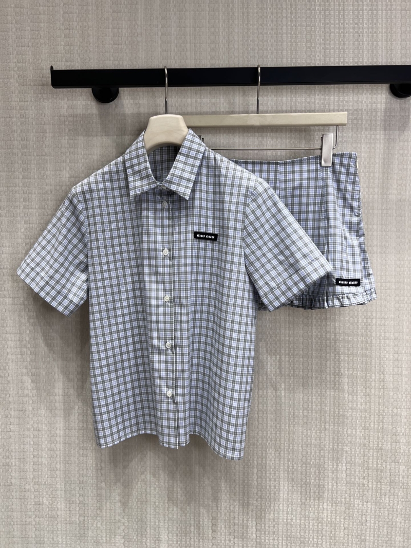 Miu Miu Signature Plaid Short-Sleeved Shirt in Slate Blue Grid