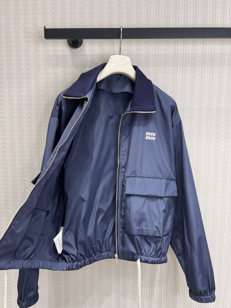Miu Miu Navy Blue High-Count Nylon Windbreaker Jacket with Embroidered Logo