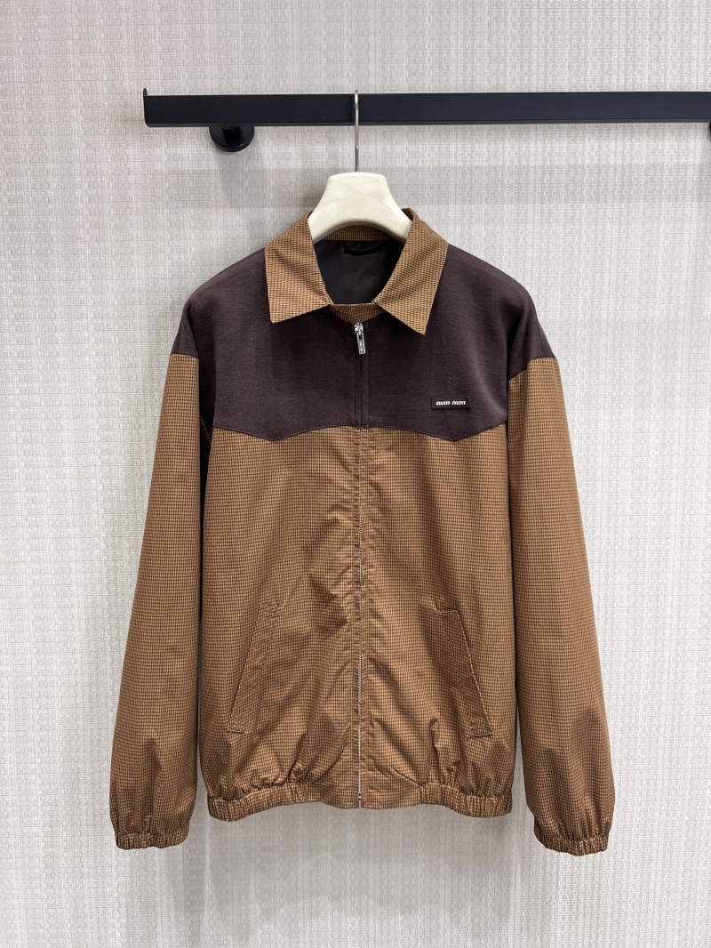 Miu Miu Micro-Checkered Zip-Up Blouson Jacket in Chocolate Brown and Tan