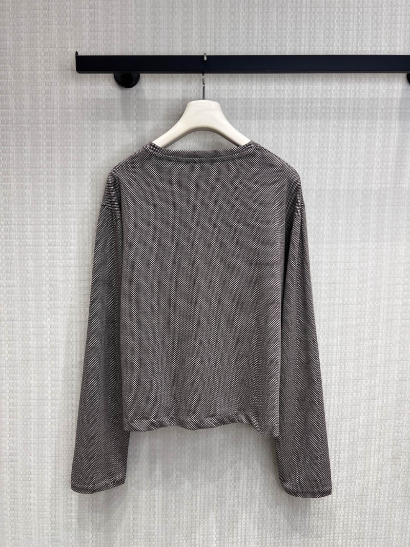 Miu Miu Micro-Check V-Neck Relaxed Long-Sleeve T-Shirt in Charcoal Grey