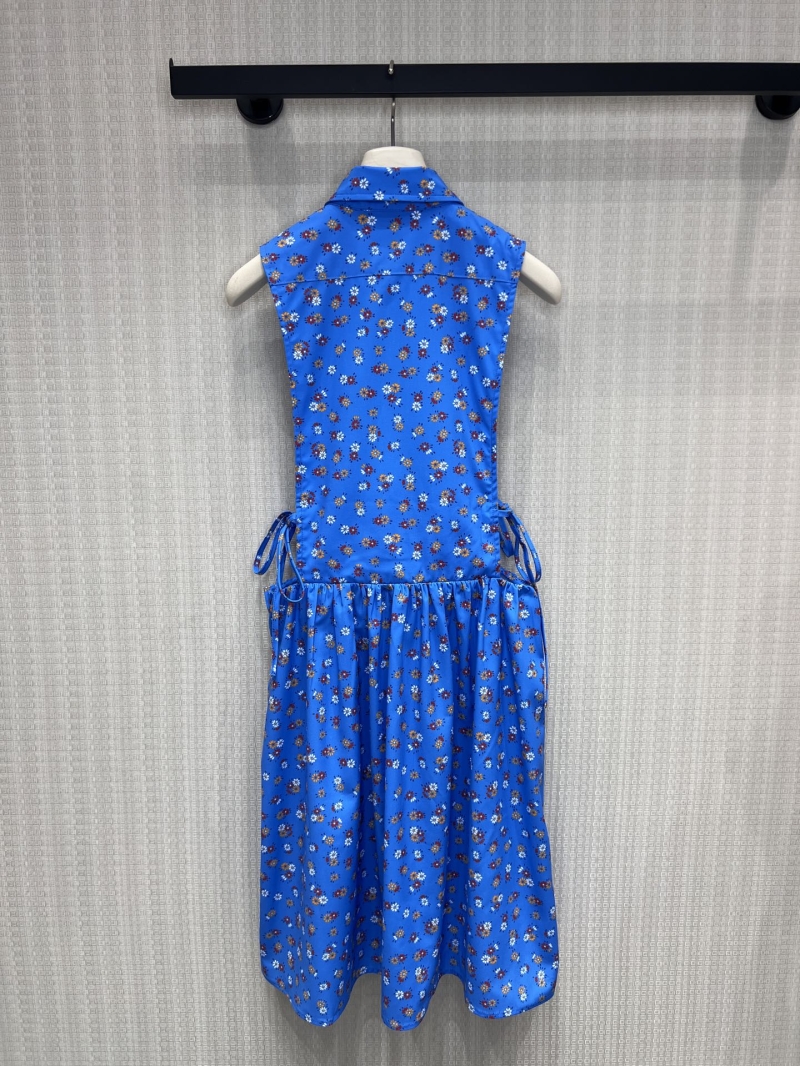 Miu Miu Sleeveless Floral Print Shirt Dress in Bright Blue with Adjustable Side Ties