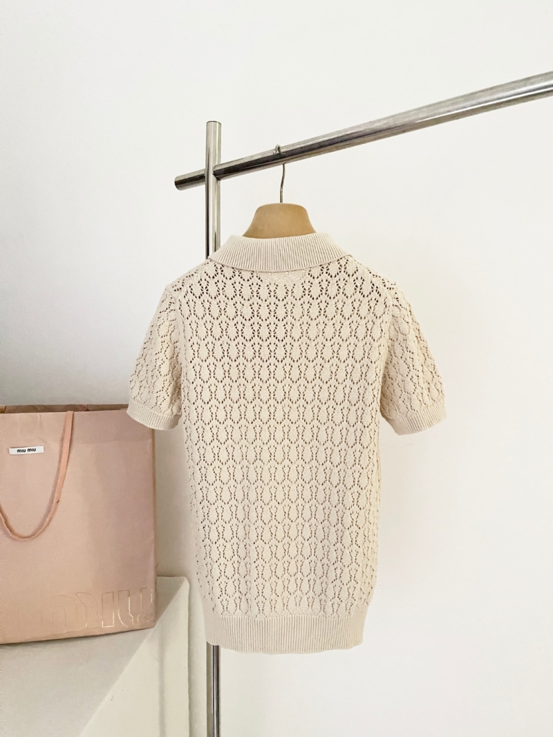 Miu Miu Jacquard Openwork Knit Polo Shirt in Cream Ivory
