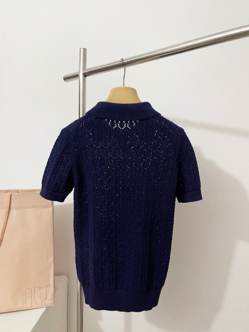 Miu Miu Open-Knit Navy Blue Polo Shirt with Signature Logo