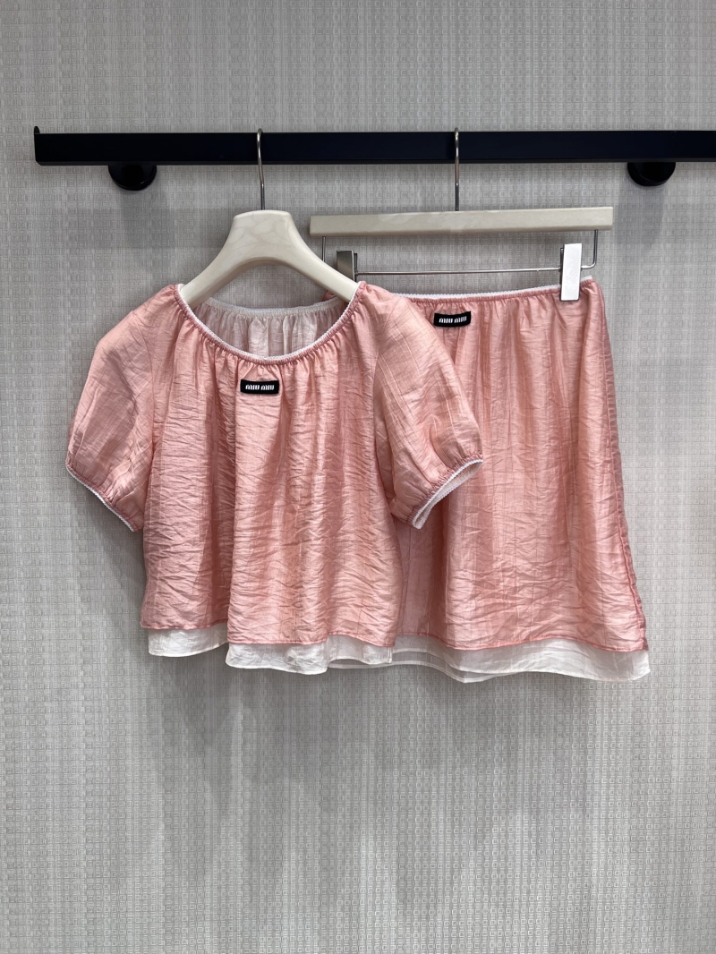 Miu Miu Peachy-Pink Crinkled Puff Sleeve Top & A-Line Skirt Set