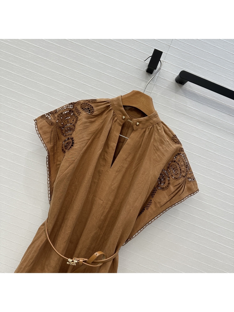 Max Mara Elegant Khaki Linen Embroidery Dress - Luxe French Resort Style