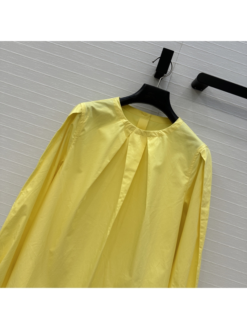 MaxMara New Collection Pleated Round Neck Long Sleeve Shirt in Vibrant Lemon Yellow