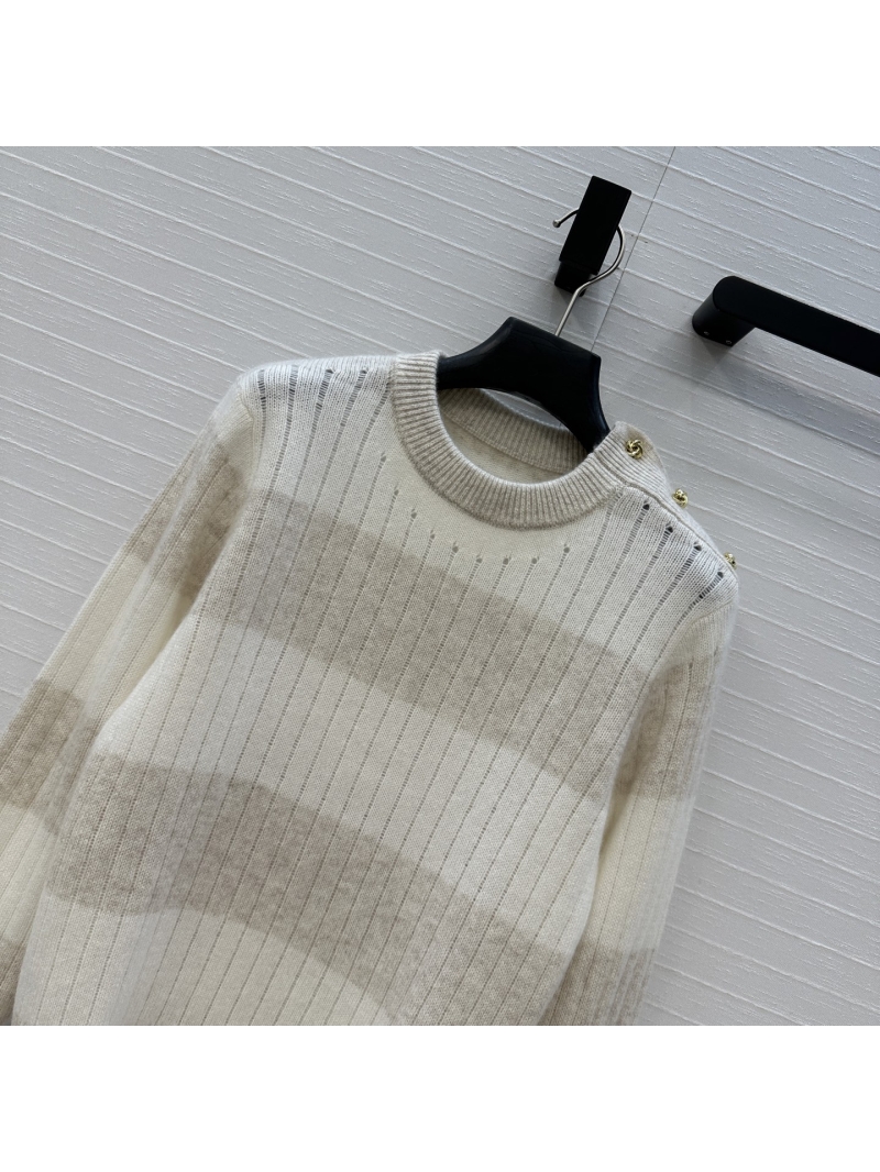 Max Mara Exclusive New Arrival: Striped Cashmere Knit Sweater in Cream with Metal Shoulder Buttons