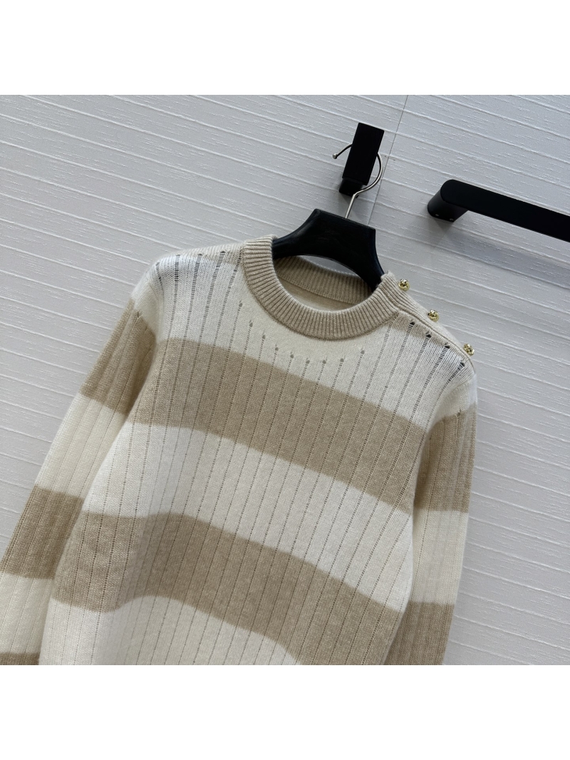 Maxmara Exclusive New Arrival Striped Cashmere Knit Sweater with Openwork Ribbing and Metal Shoulder Buttons