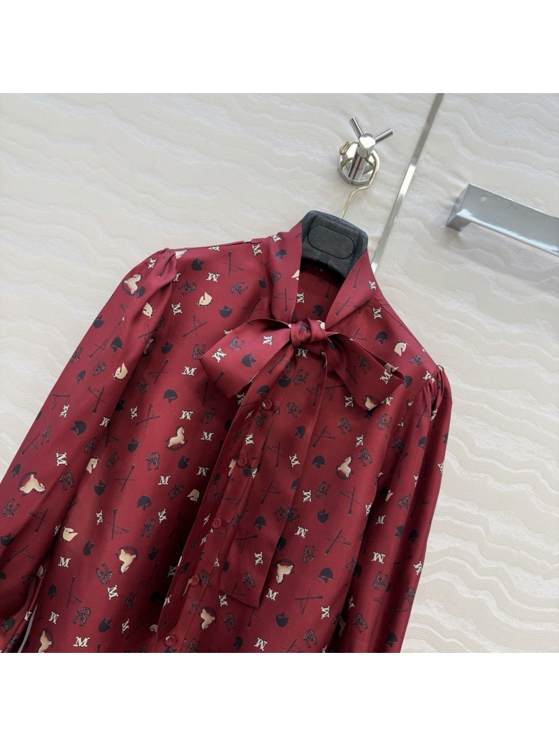 Max Mara Premium Equestrian Print Silk Twill Pussy Bow Blouse in Burgundy