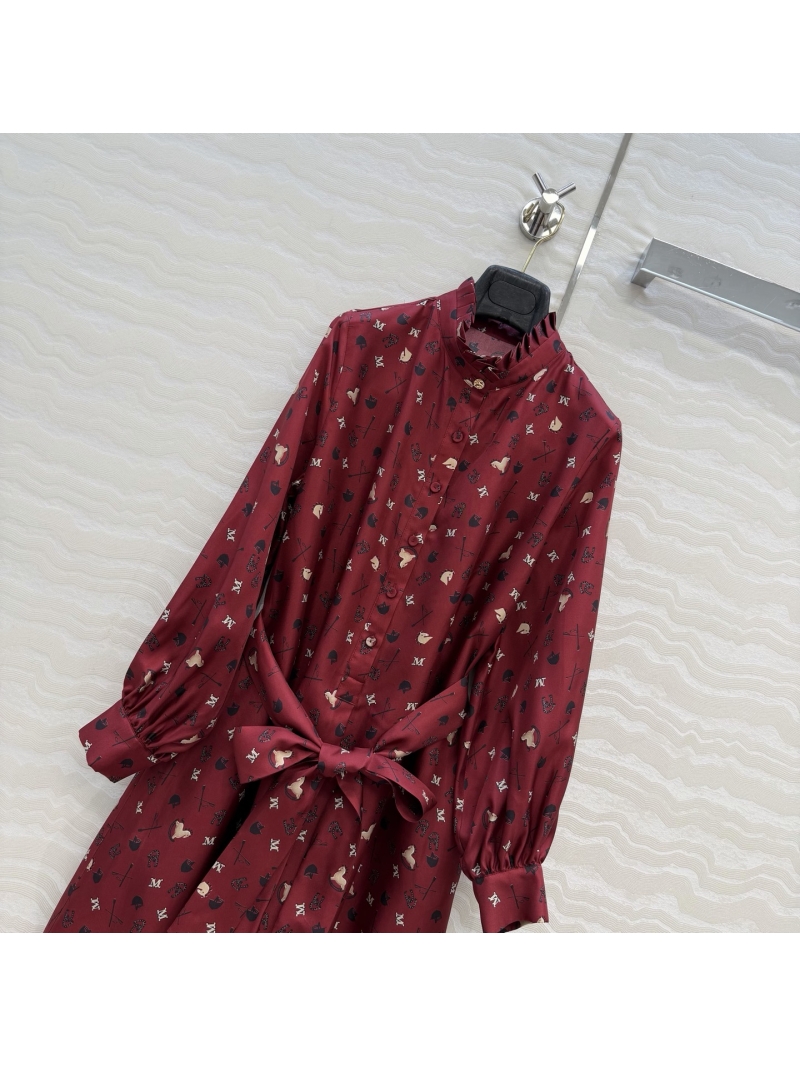 Maxmara 100% Silk Twill Equestrian Print Palace Ruffle Dress