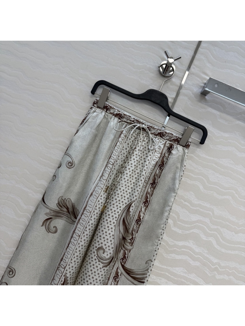 Max Mara 100% Silk Twill Placement Print Wide-Leg Trousers in Sepia/Cream