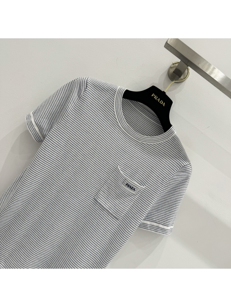 Prada 2025 Spring Summer Chic Color-Block Striped Short-Sleeve Knit Top - Youthful & Trendy