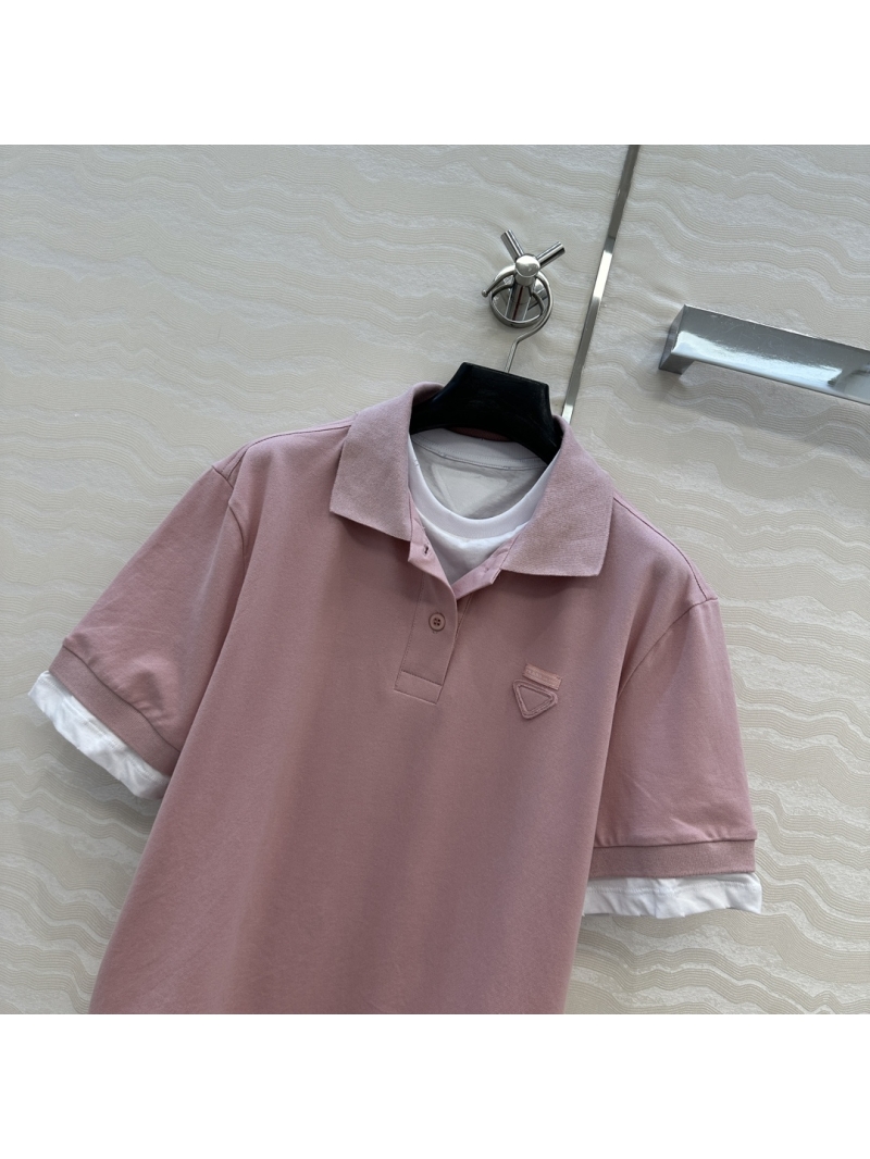 Prada Luxe Pink Long-Term Essential T-Shirt with Faux Two-Piece Polo Collar