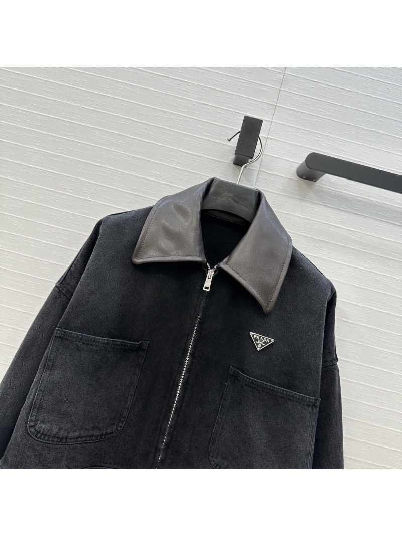 PRADA High-Intelligence Style Enzyme-Washed Vintage Leather Collar Denim Jacket in Black