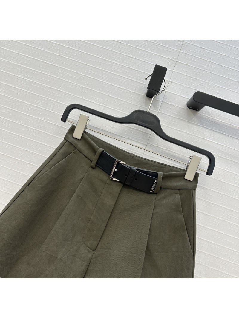 Prada High-Intelligence Styling Metal Buckle Belted Short Trousers in Custom Herringbone Washed Denim Cotton