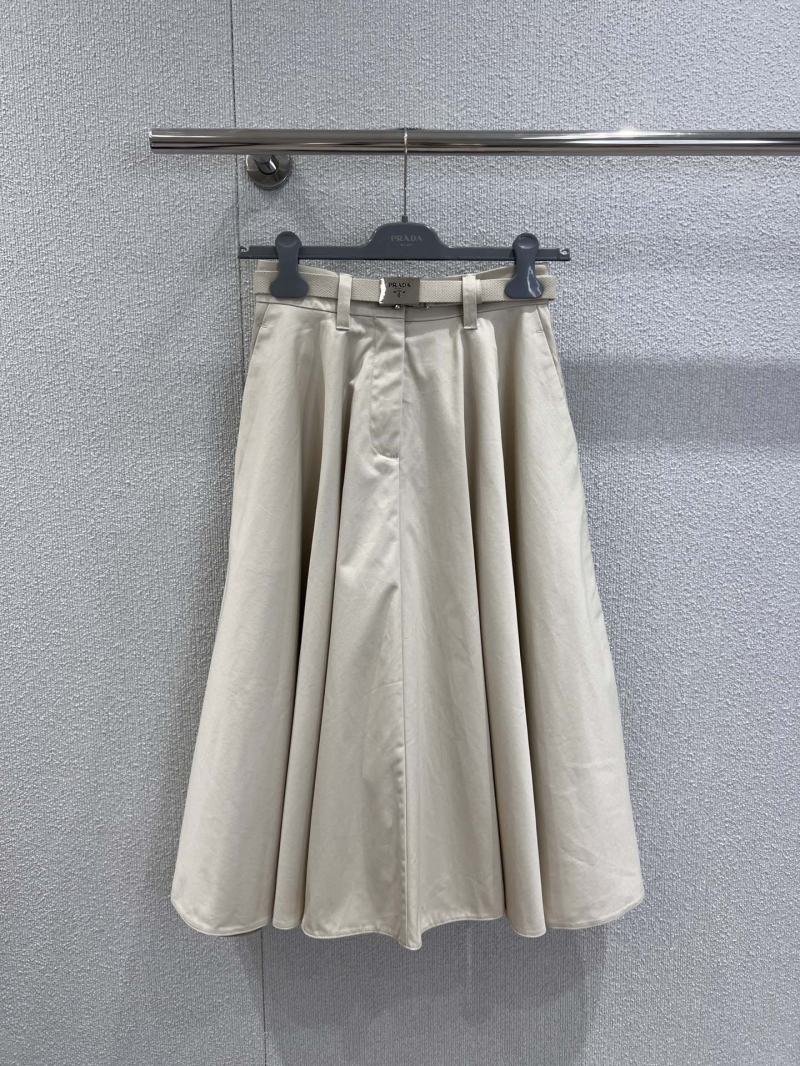Prada Early Fall Belted Waist Casual Umbrella Skirt in Cream - Luxe Canvas Fabric with Signature Triangle Logo