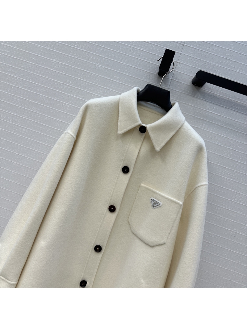 Prada Early Fall Collection Iconic Triangle Logo Double-Faced Wool & Cashmere Coat in Beige