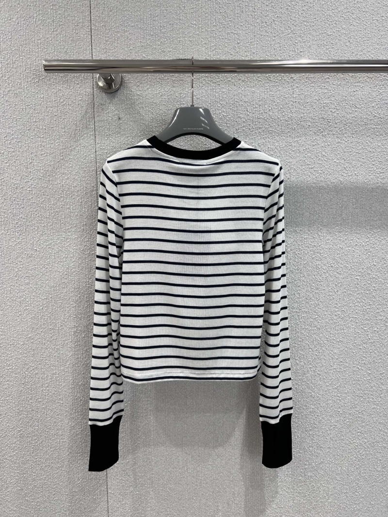 Prada Black & White Striped Round Neck Tencel Wool Blend Top