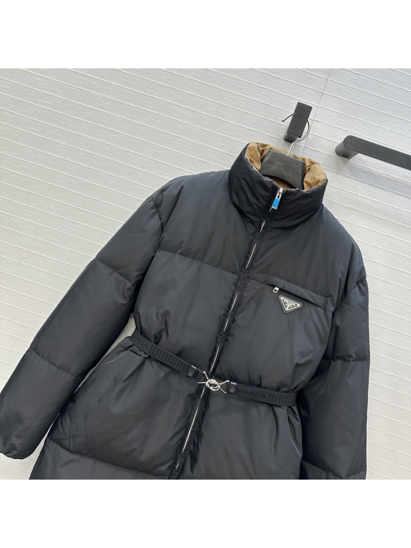 Prada Exclusive Belted Mid-Length Down Jacket with Stand Collar - Luxe Winter Essential