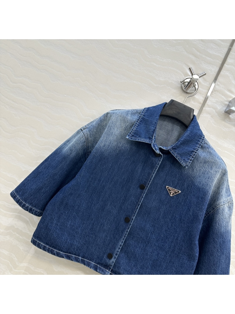 Prada Enzyme Wash Vintage Denim Short Sleeve Shirt Jacket - Luxe Oversized Fit with Custom Metal Logo