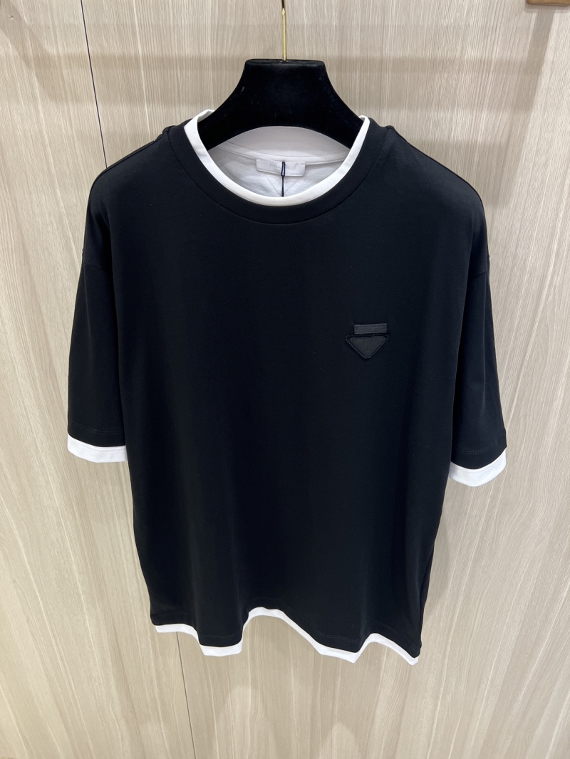 Prada Iconic Triangle Logo Contrast-Trim White Short Sleeve T-Shirt