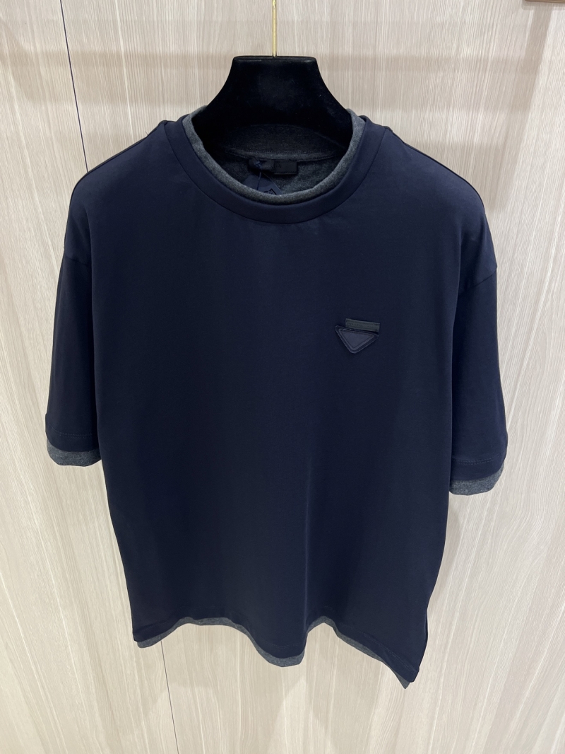 Prada Iconic Triangle Logo Contrast Trim Relaxed Fit Short Sleeve T-Shirt in Dark Navy Blue