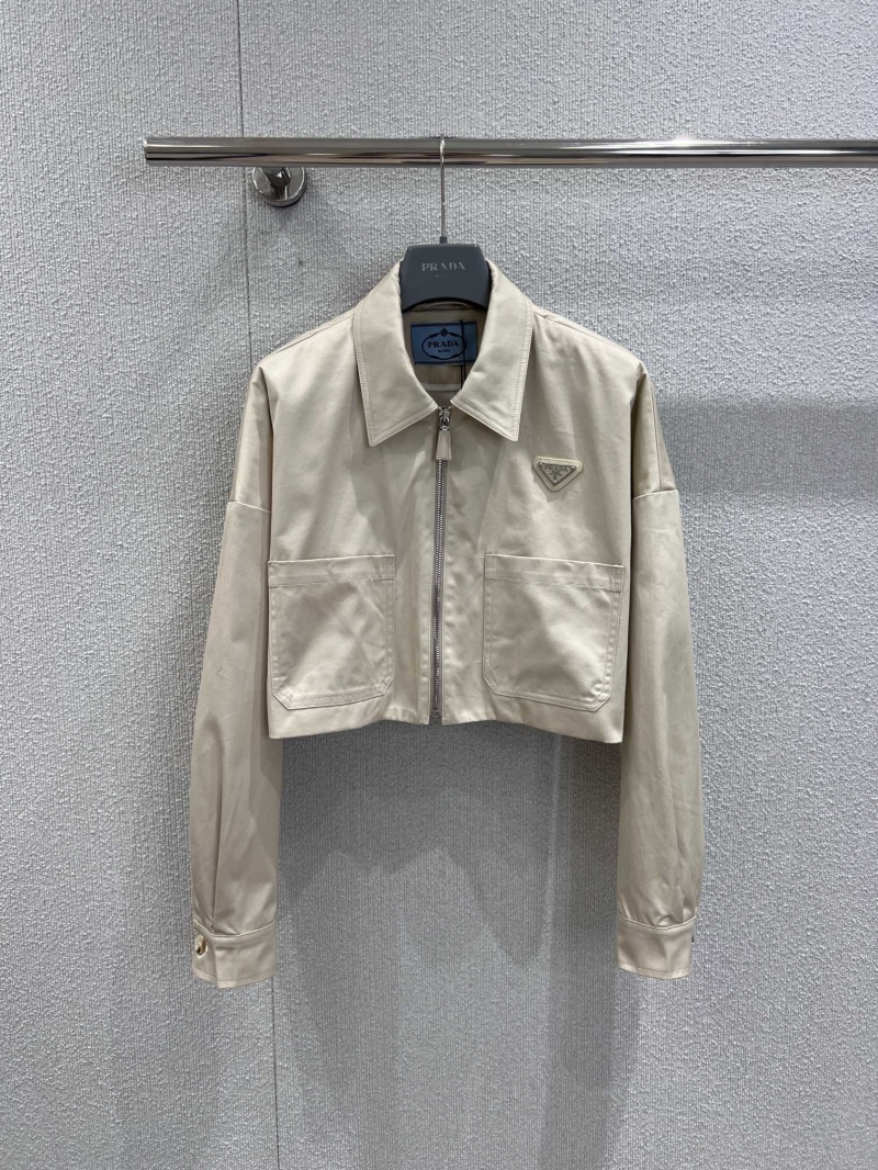 Prada 25FW Early Autumn Denim Jacket with Zip and Metal Logo - Light Beige