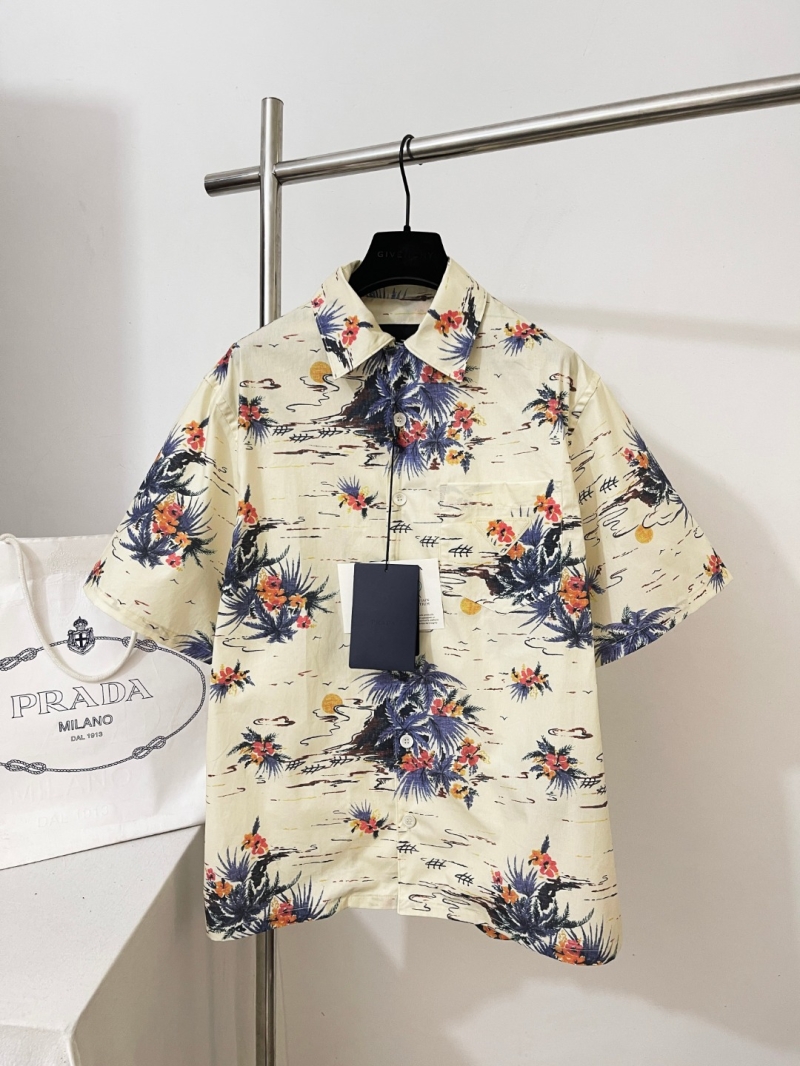 Prada Exclusivo Tropical Floral Print Short-Sleeve Shirt in Cream