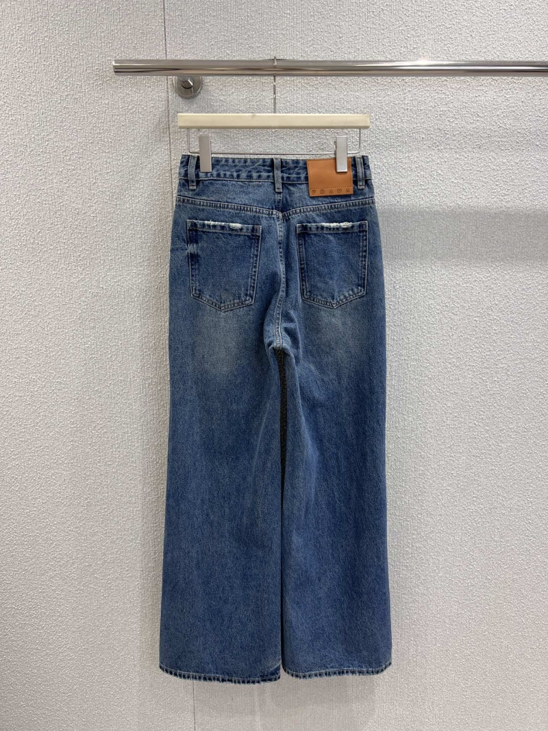 Prada 25FW Laser-Letter Print Distressed Raw-Hem Denim Jeans in Classic Blue