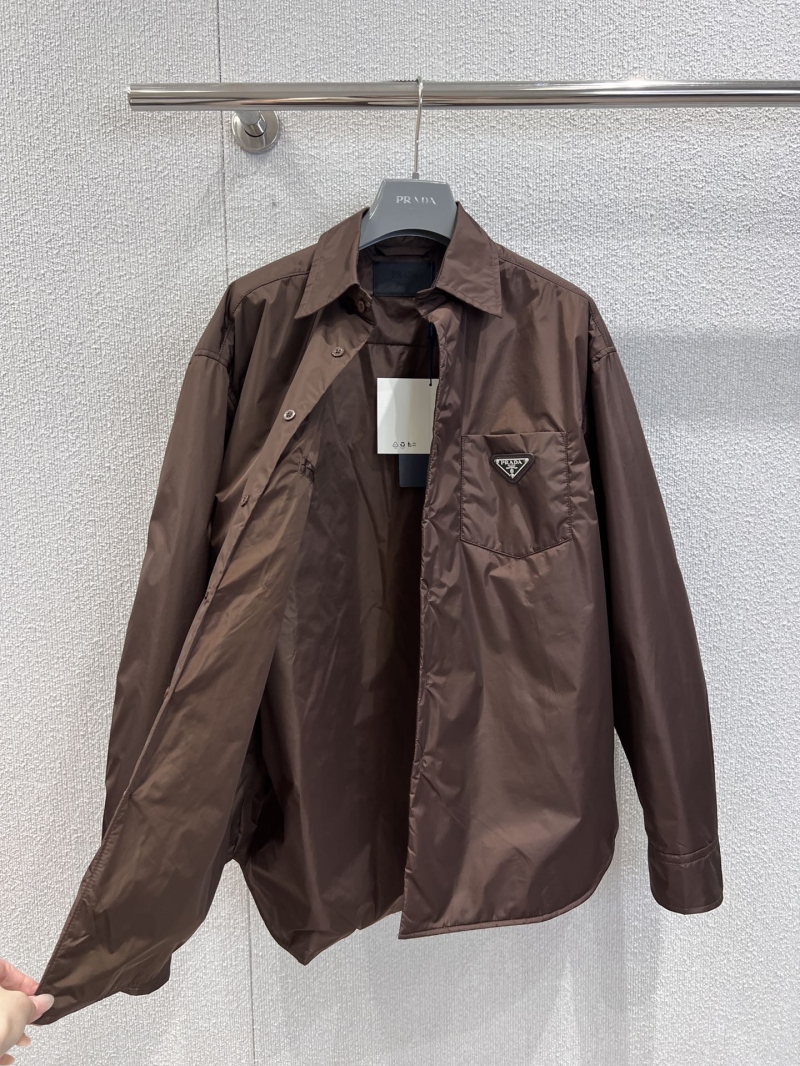 Prada Re-Nylon Shirt Jacket in Caramel Brown | Luxe Unisex Oversized Fit with Enamel Logo